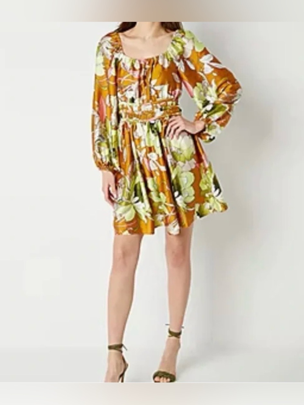 RYEGRASS Floral Mini Dress Small Mustard Green Pink Smocked Boho Cottagecore